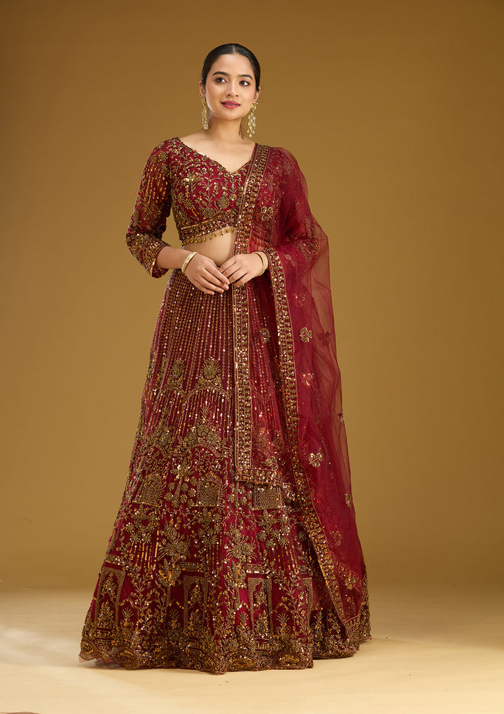 Maroon Cutdana Net Readymade Lehenga