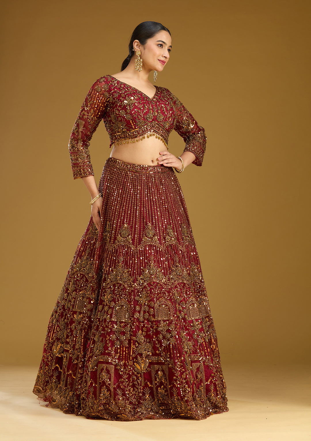 Maroon Cutdana Net Readymade Lehenga