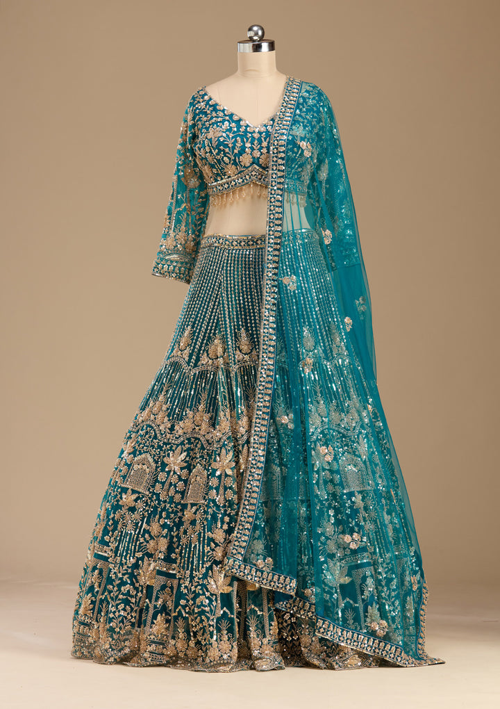 Peacock Blue Cutdana Net Readymade Lehenga