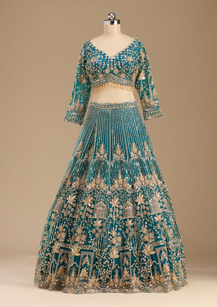 Peacock Blue Cutdana Net Readymade Lehenga