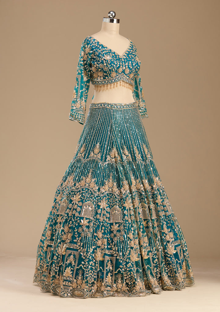 Peacock Blue Cutdana Net Readymade Lehenga