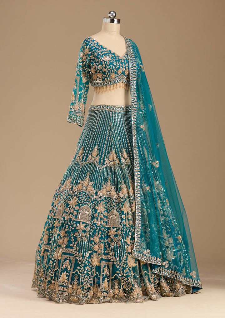 Peacock Blue Cutdana Net Readymade Lehenga