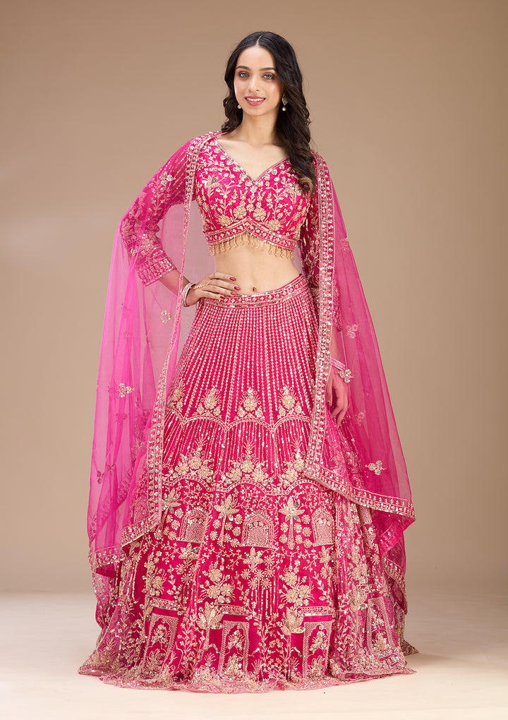 Rani Pink Cutdana Net Readymade Lehenga