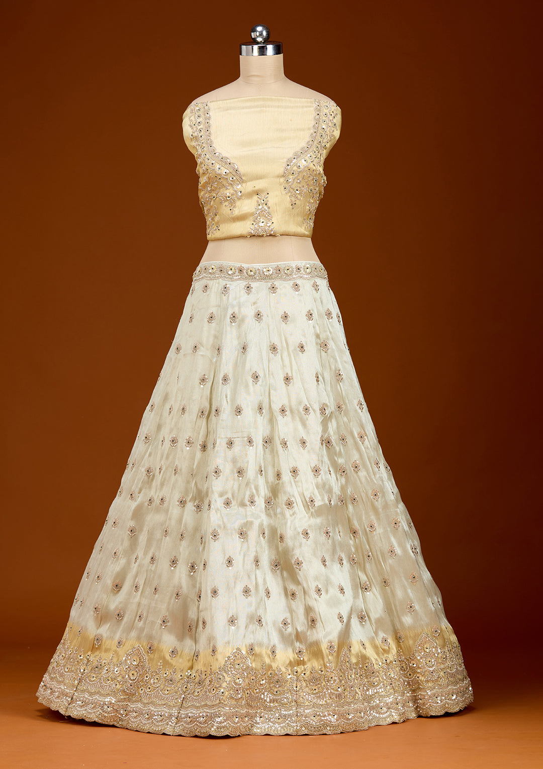 Cream Stonework (Gold) Tissue Readymade Lehenga