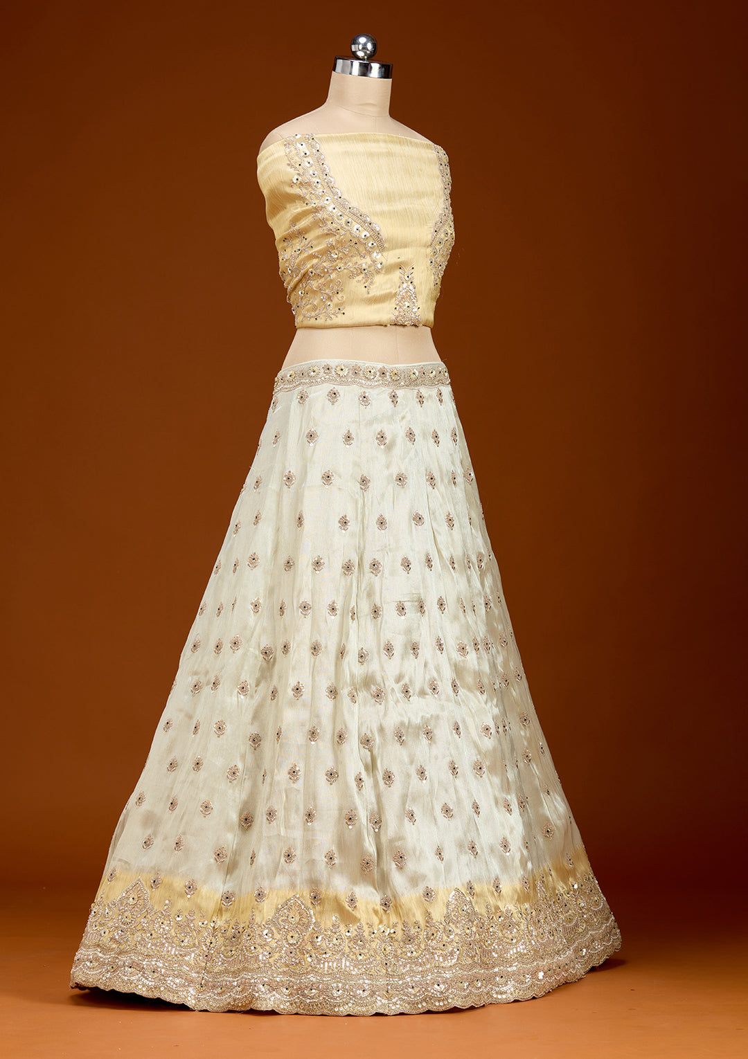 Cream Stonework (Gold) Tissue Readymade Lehenga