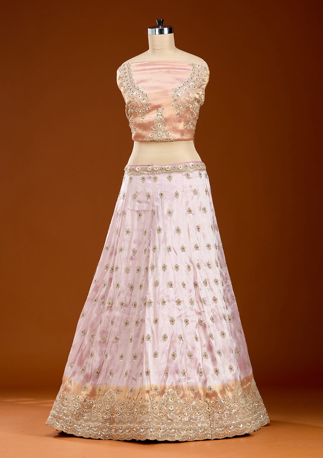Onion Pink Stonework (Gold) Tissue Readymade Lehenga