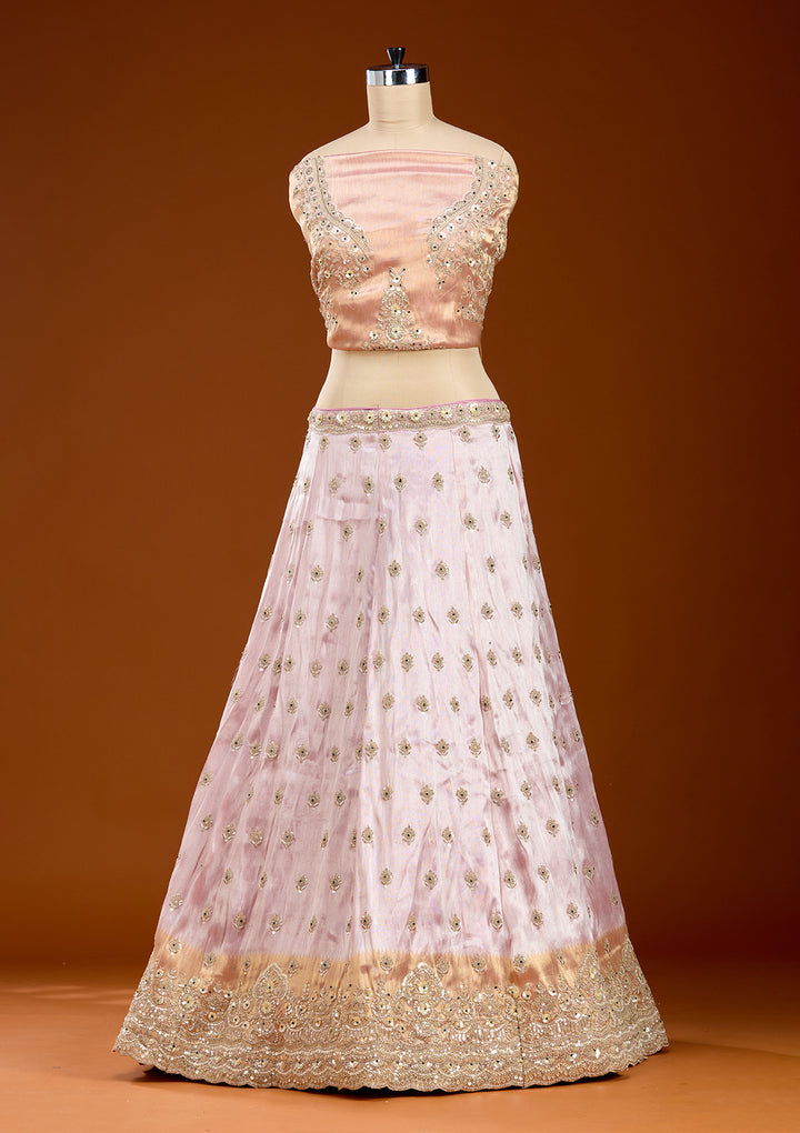 Onion Pink Stonework (Gold) Tissue Readymade Lehenga