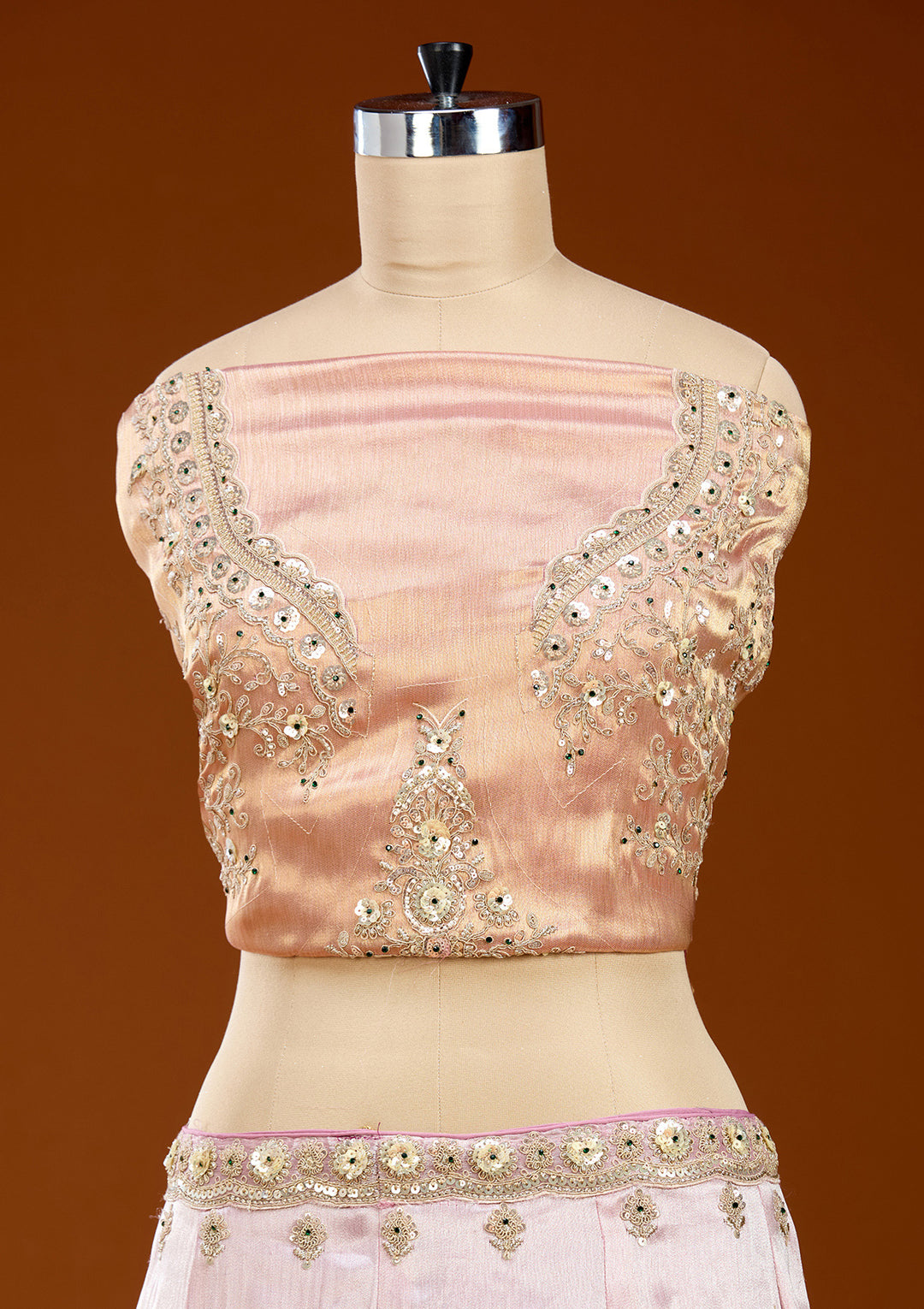 Onion Pink Stonework (Gold) Tissue Readymade Lehenga