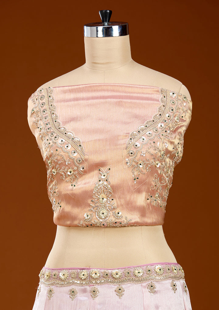 Onion Pink Stonework (Gold) Tissue Readymade Lehenga