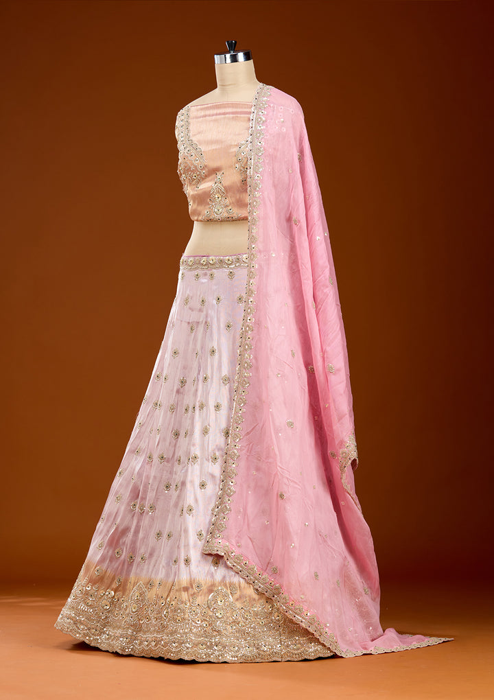 Onion Pink Stonework (Gold) Tissue Readymade Lehenga
