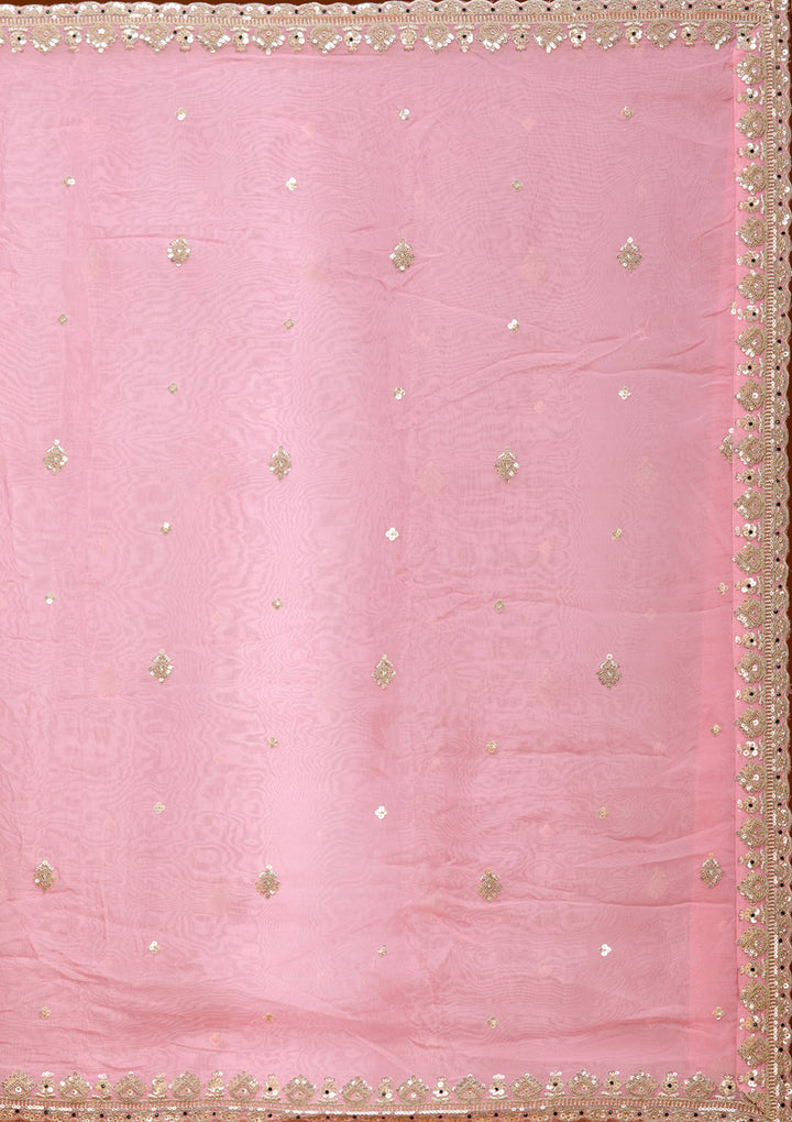 Onion Pink Stonework (Gold) Tissue Readymade Lehenga