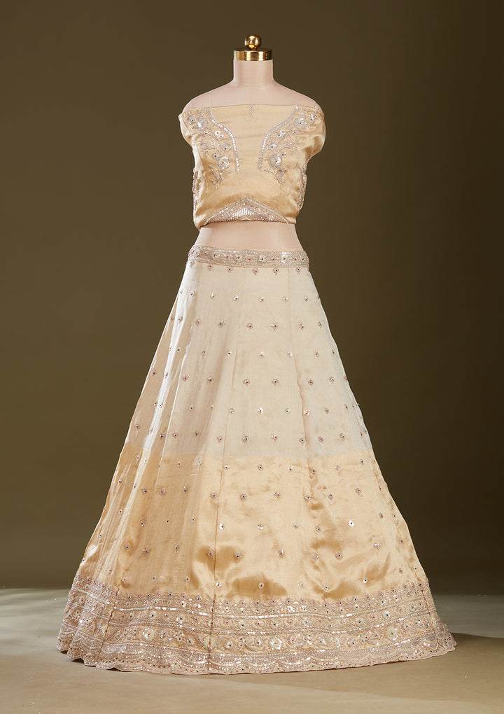 Beige Stonework (Gold) Tissue Semi-Stitched Lehenga