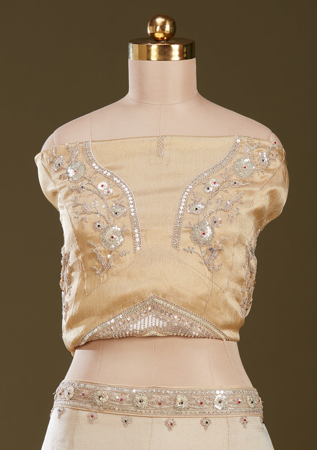 Beige Stonework (Gold) Tissue Semi-Stitched Lehenga