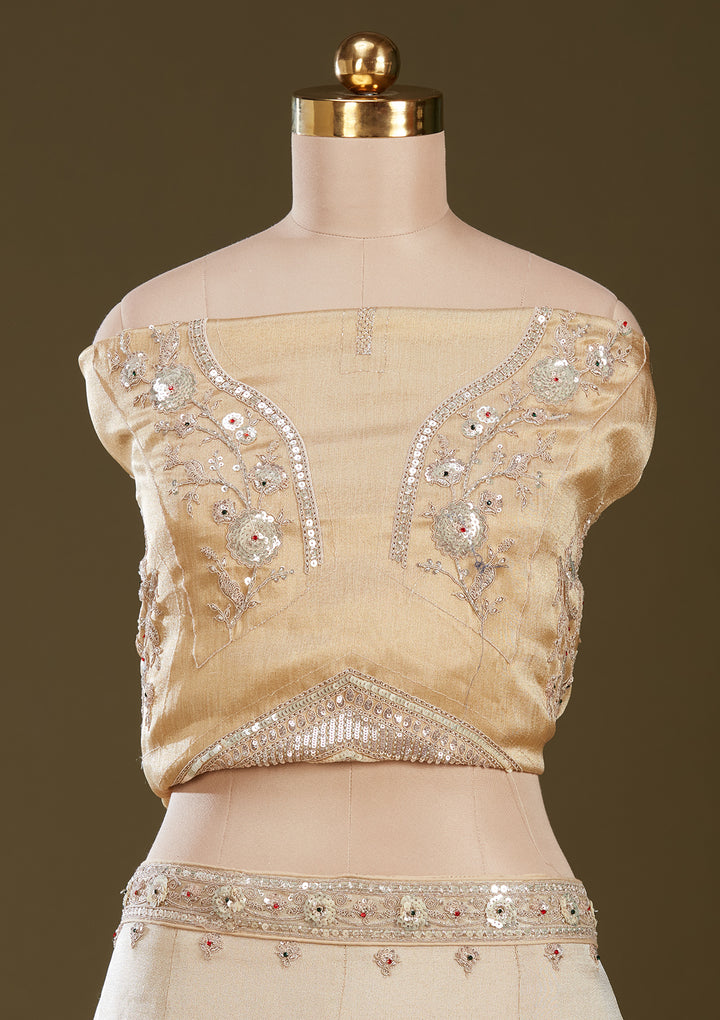 Beige Stonework (Gold) Tissue Semi-Stitched Lehenga
