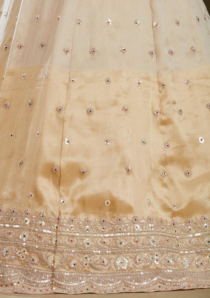 Beige Stonework (Gold) Tissue Semi-Stitched Lehenga
