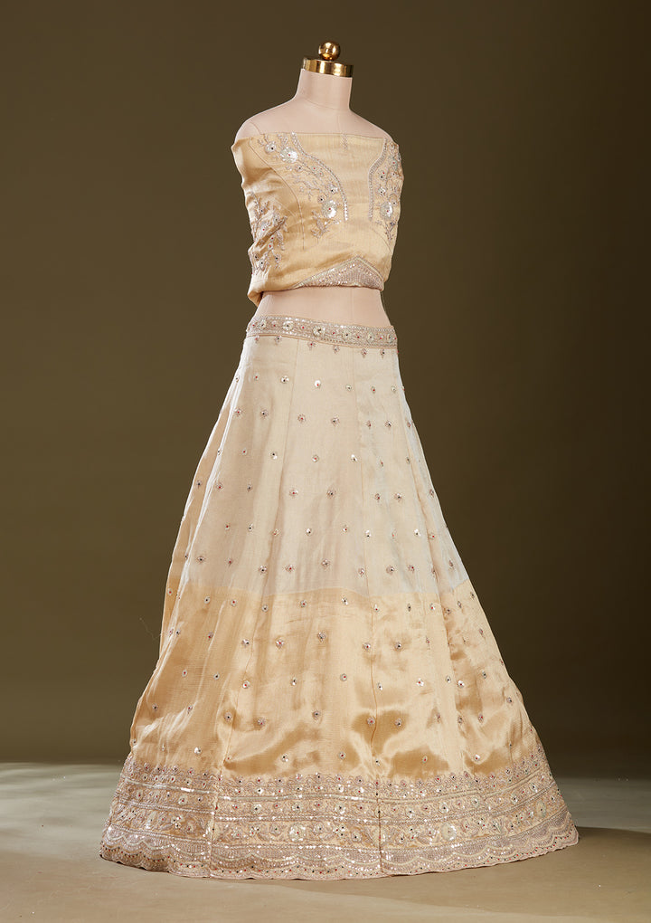 Beige Stonework (Gold) Tissue Semi-Stitched Lehenga