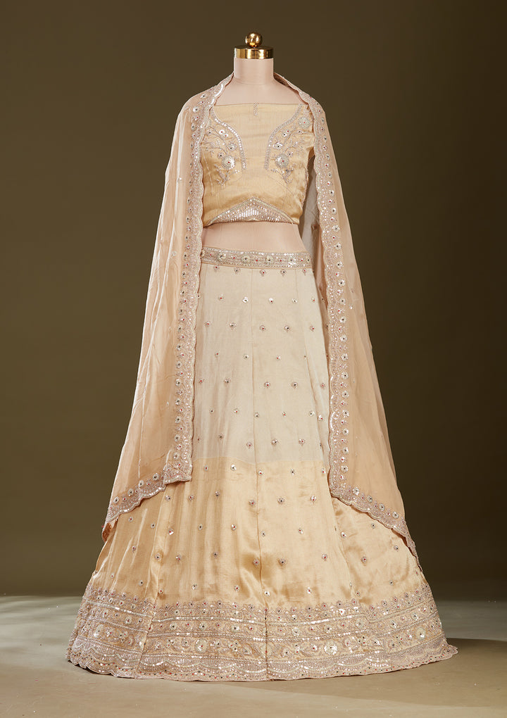 Beige Stonework (Gold) Tissue Semi-Stitched Lehenga