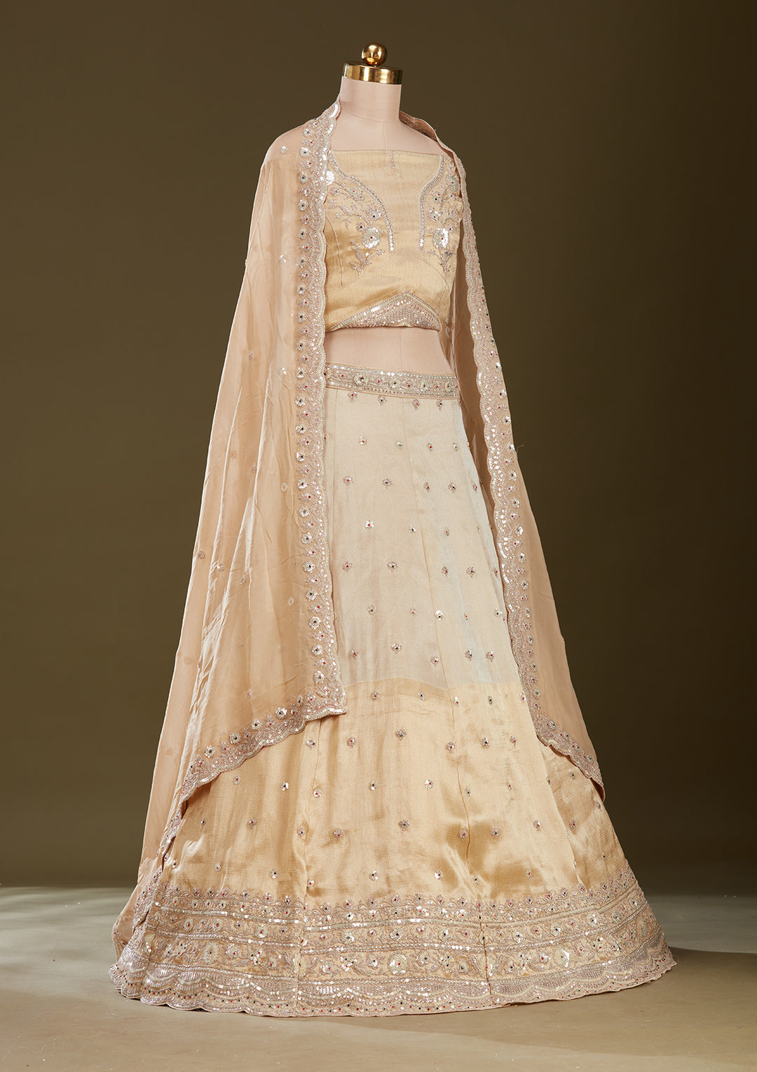 Beige Stonework (Gold) Tissue Semi-Stitched Lehenga