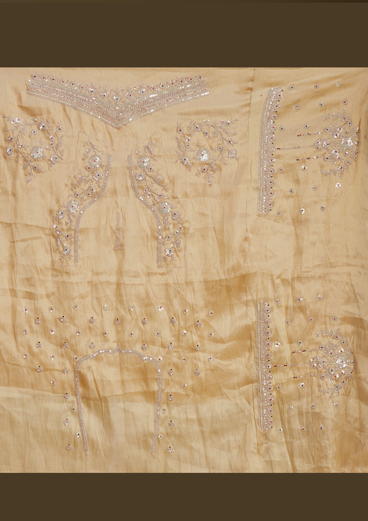 Beige Stonework (Gold) Tissue Semi-Stitched Lehenga