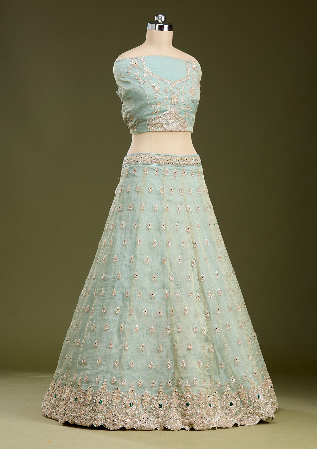 Sea Green Stonework (Gold) Tissue Readymade Lehenga