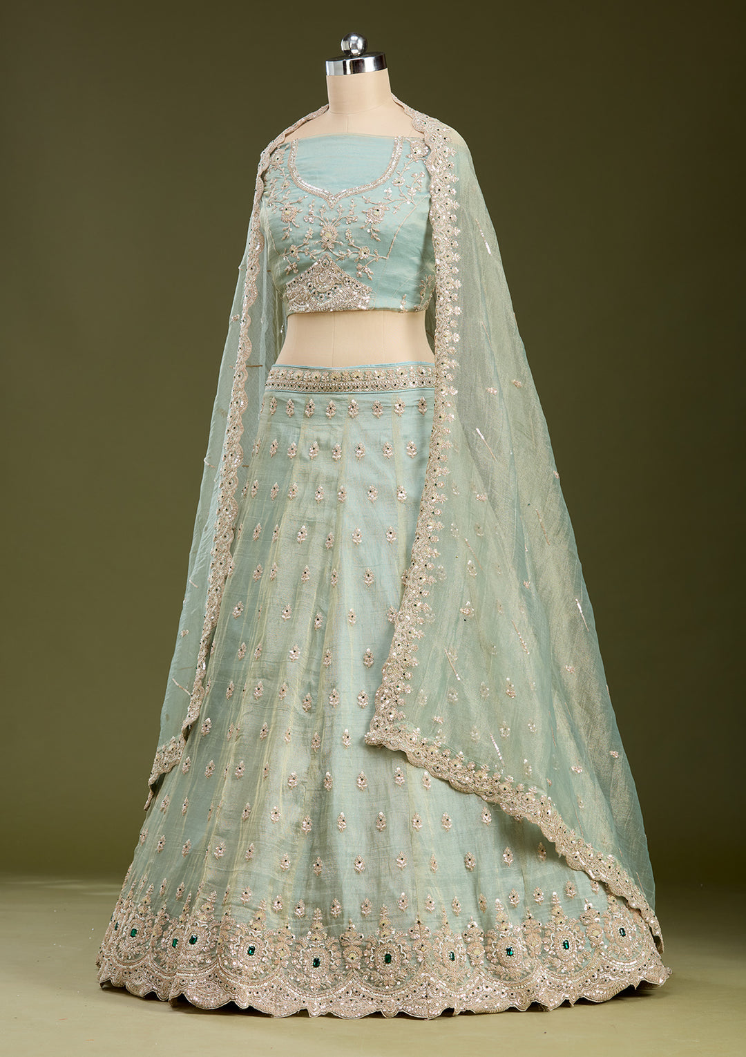 Sea Green Stonework (Gold) Tissue Readymade Lehenga