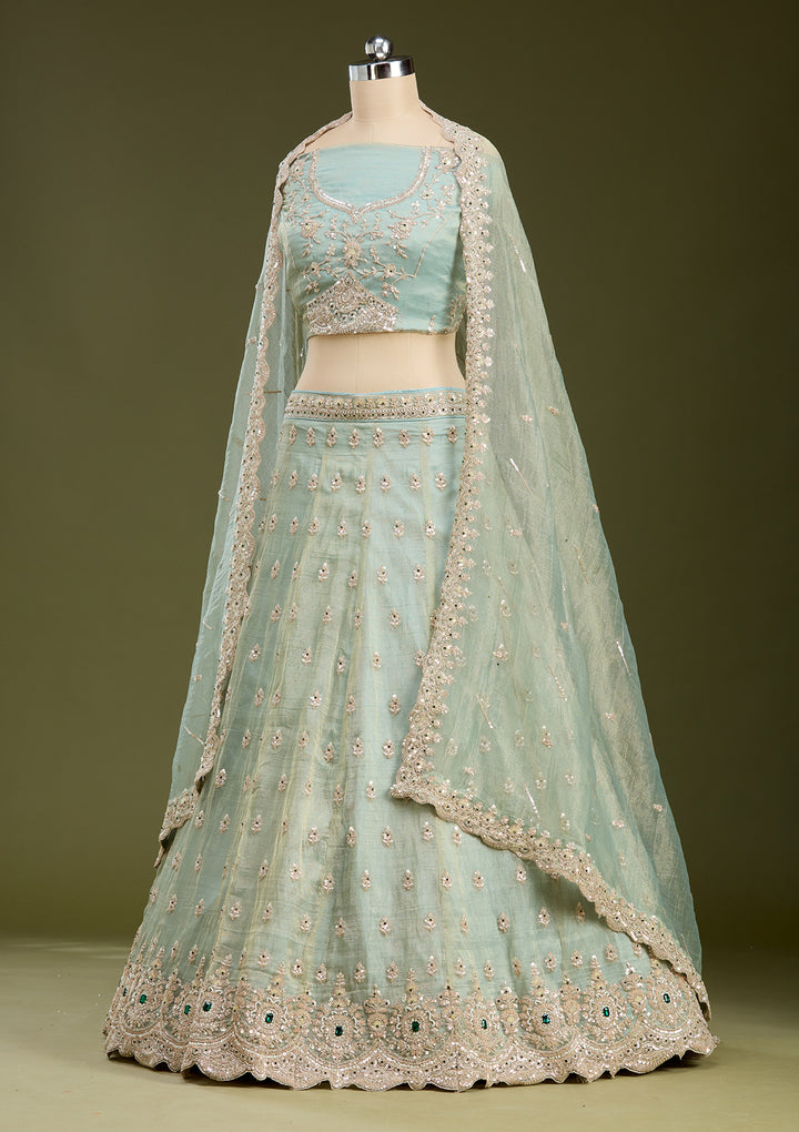 Sea Green Stonework (Gold) Tissue Readymade Lehenga