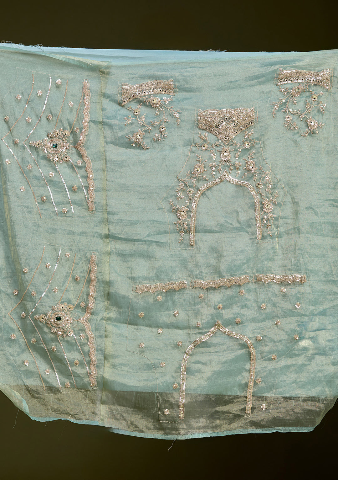 Sea Green Stonework (Gold) Tissue Readymade Lehenga