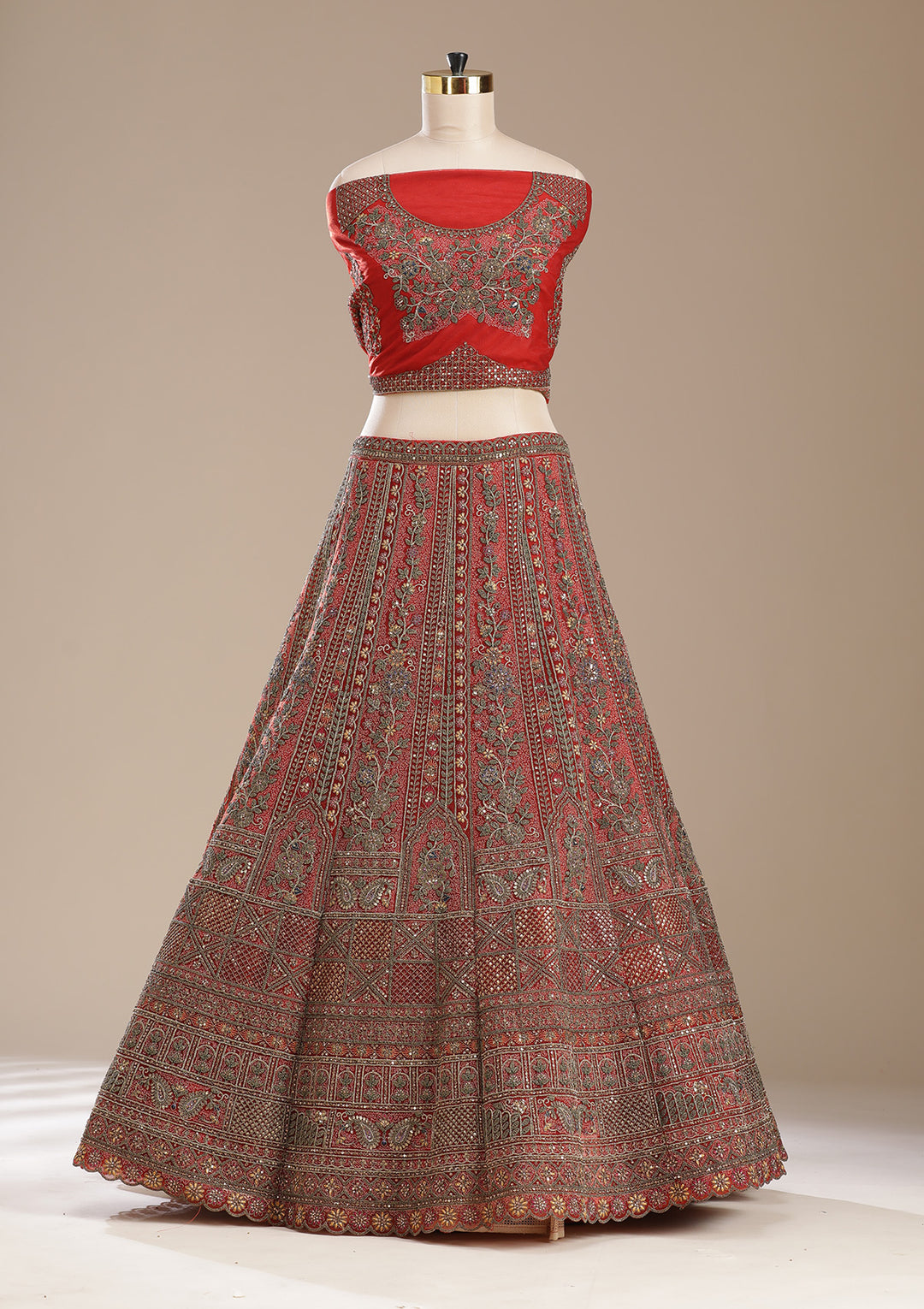 Rust Cording Net Semi-Stitched Lehenga