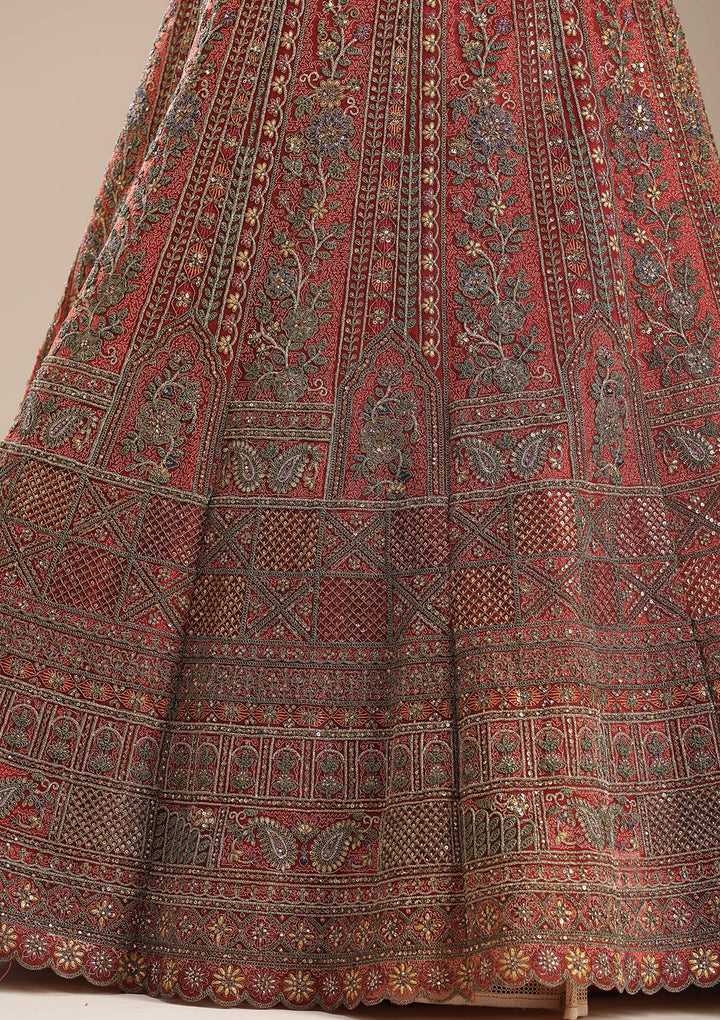 Rust Cording Net Semi-Stitched Lehenga