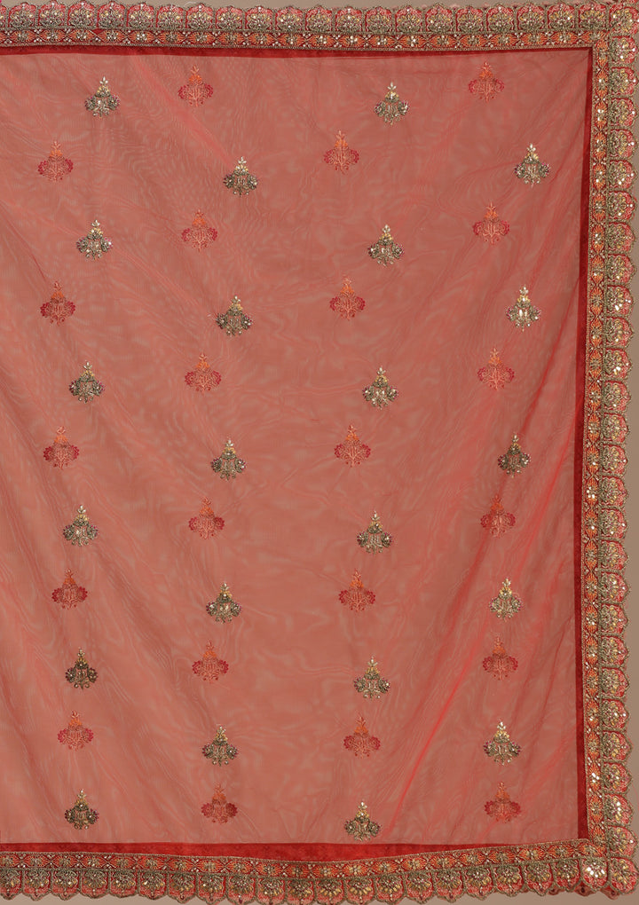 Rust Cording Net Semi-Stitched Lehenga