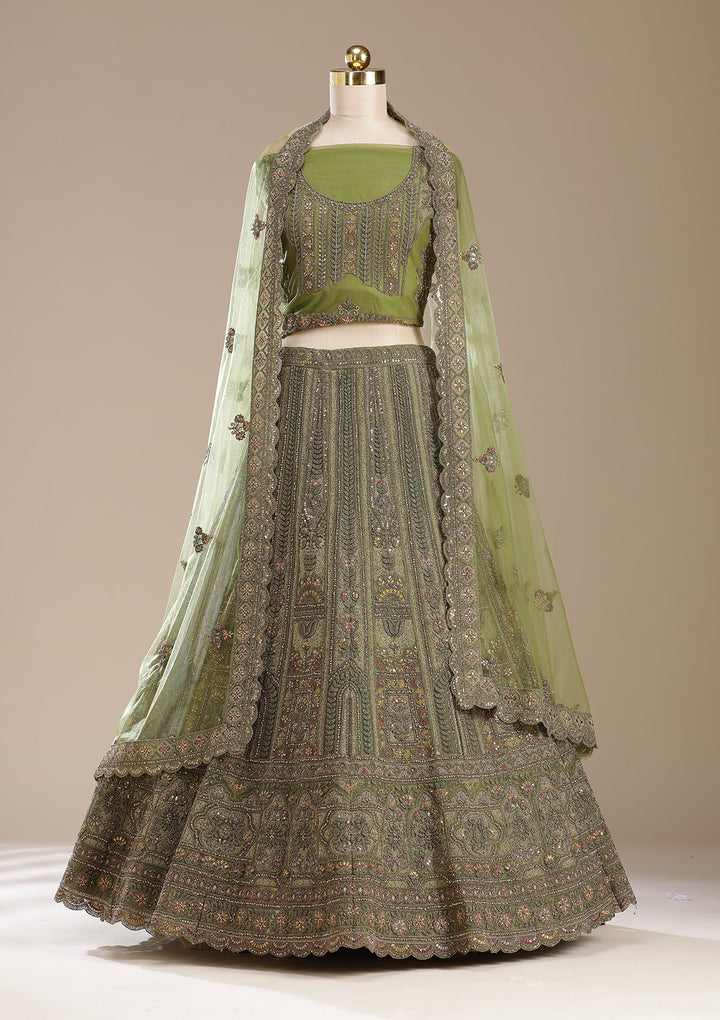 Mehendi Cording Net Semi-Stitched Lehenga