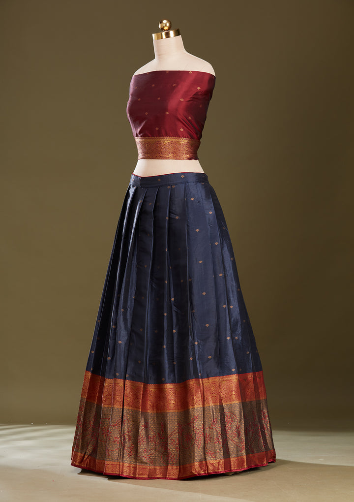 Maroon Plain Soft Raw Silk Semi-Stitched Lehenga