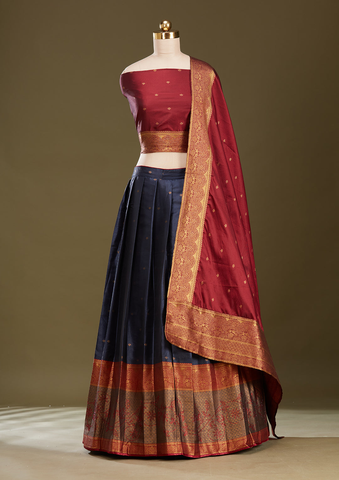 Maroon Plain Soft Raw Silk Semi-Stitched Lehenga