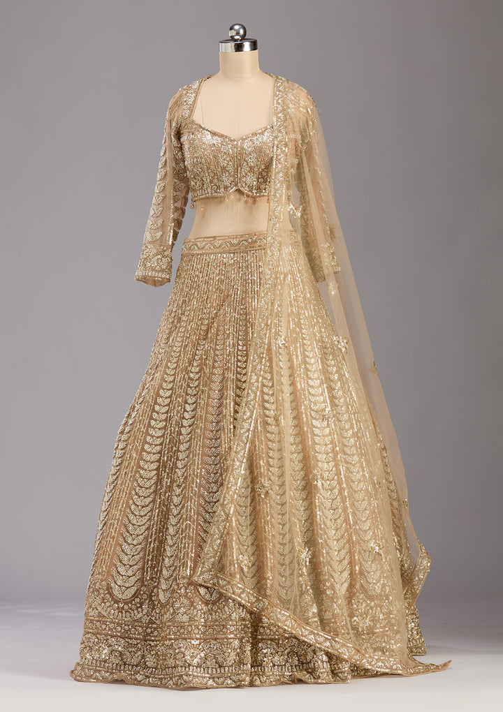 Beige Sequins Net Readymade Lehenga