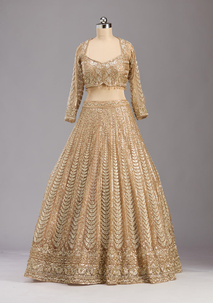 Beige Sequins Net Readymade Lehenga
