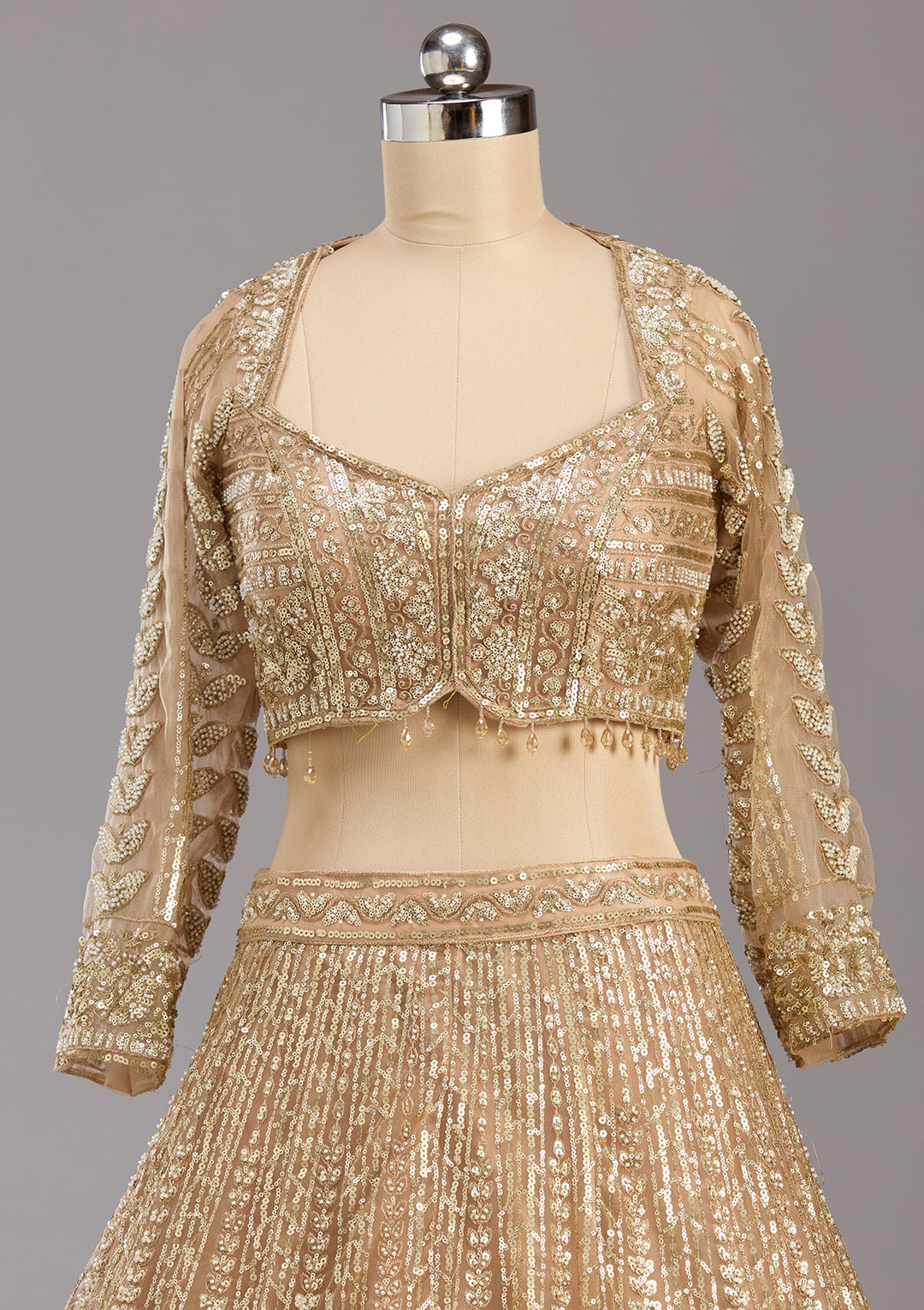 Beige Sequins Net Readymade Lehenga