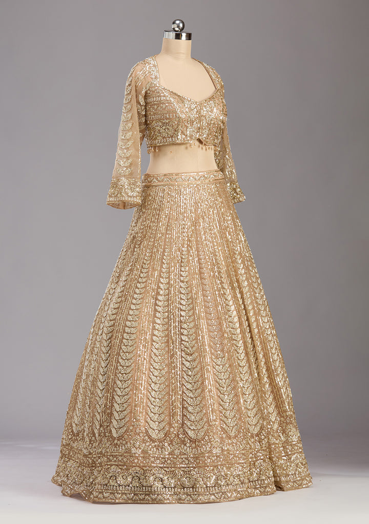 Beige Sequins Net Readymade Lehenga