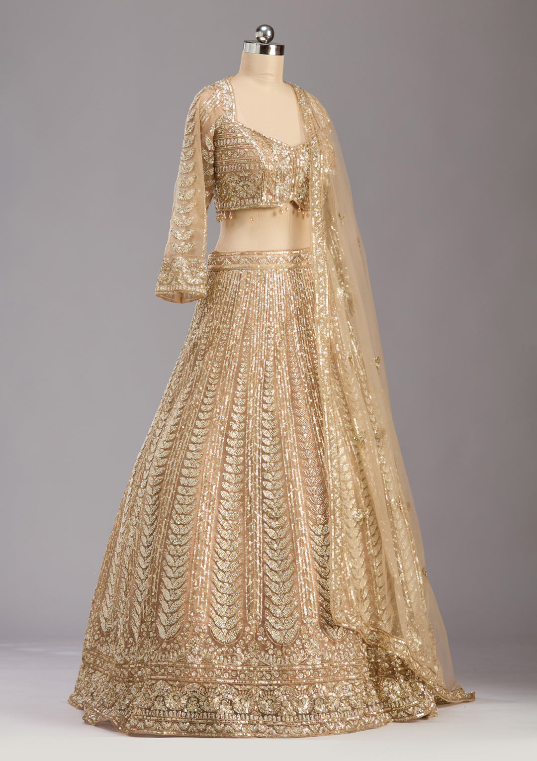 Beige Sequins Net Readymade Lehenga