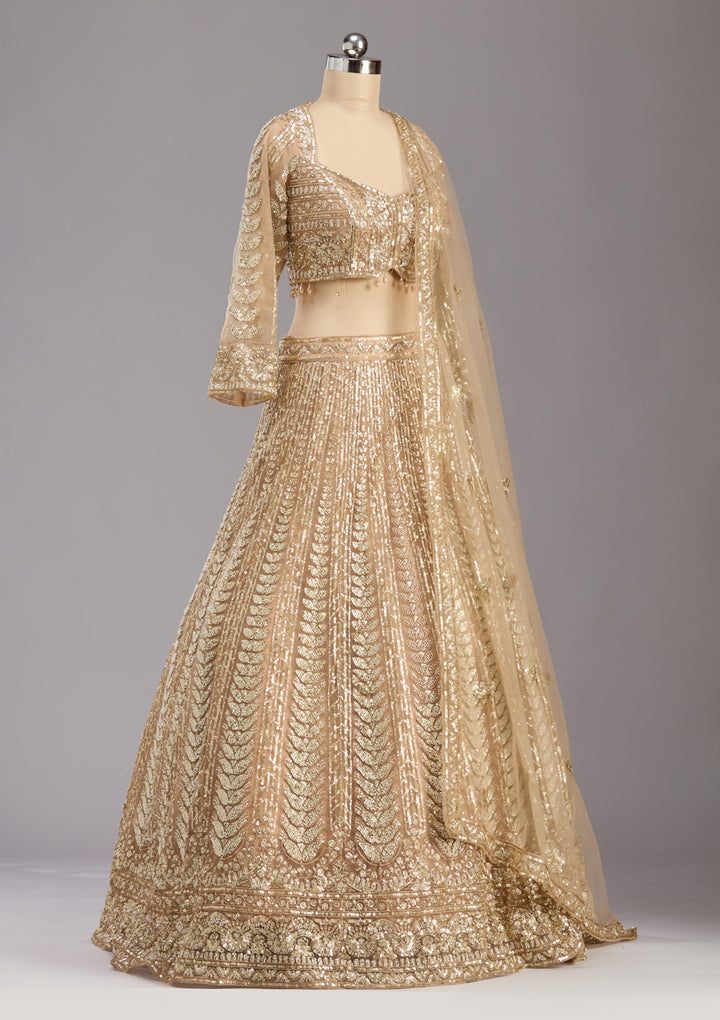 Beige Sequins Net Readymade Lehenga