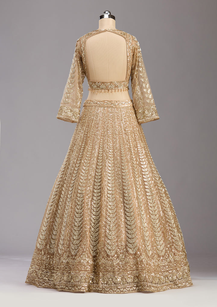 Beige Sequins Net Readymade Lehenga