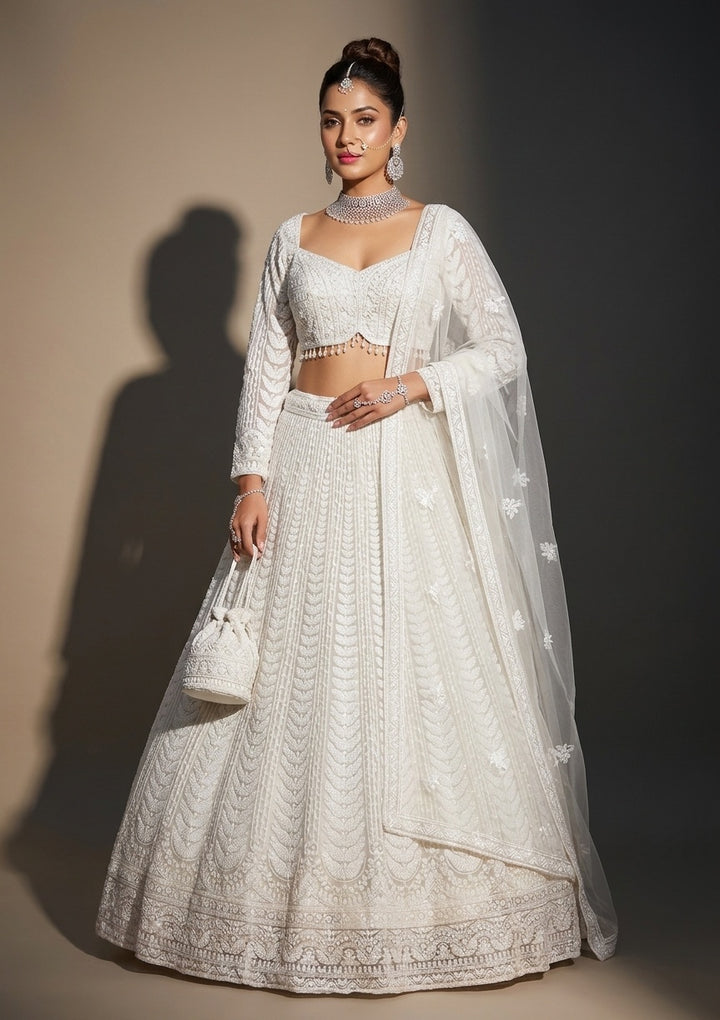 White Sequins Net Readymade Lehenga