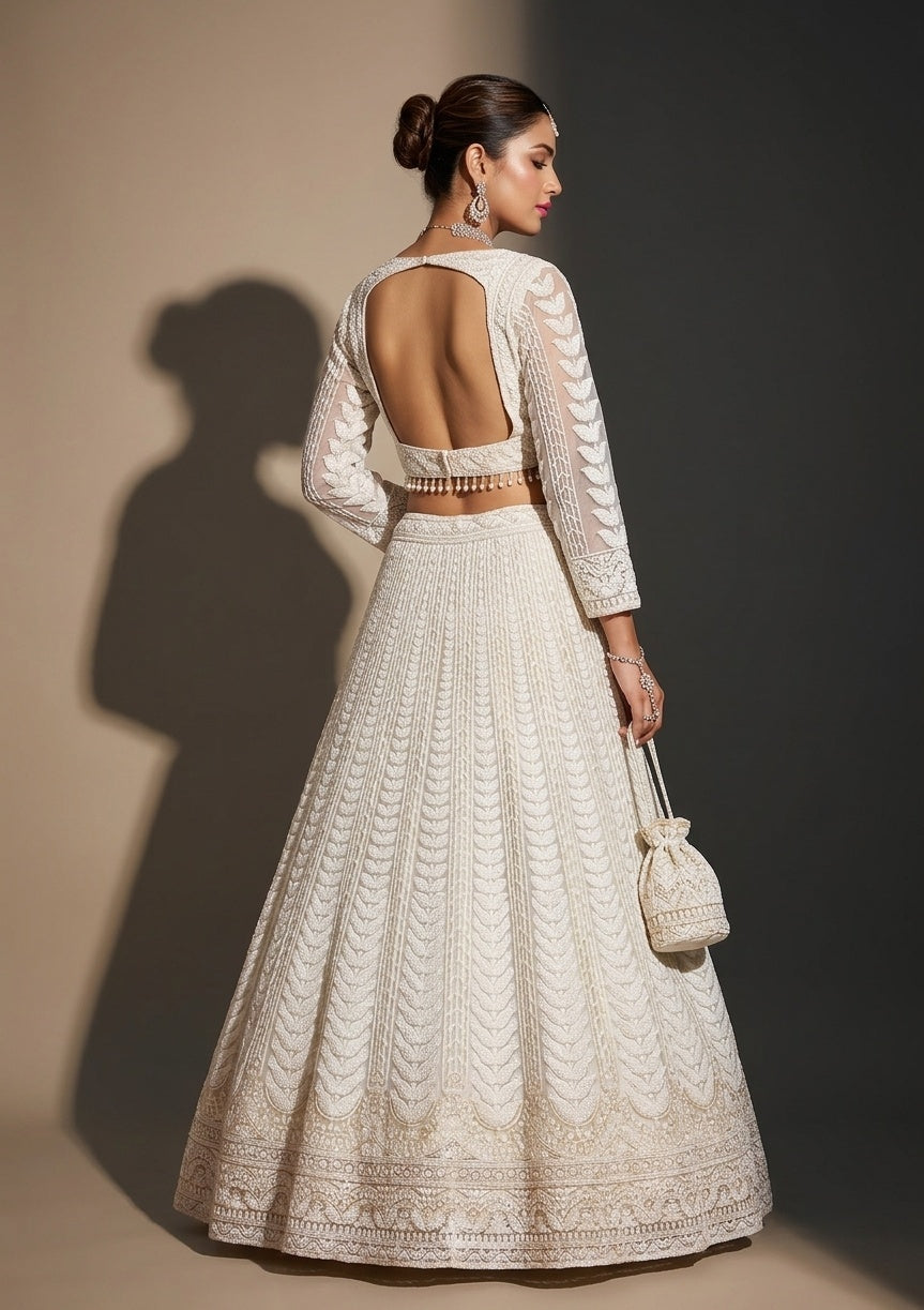 White Sequins Net Readymade Lehenga