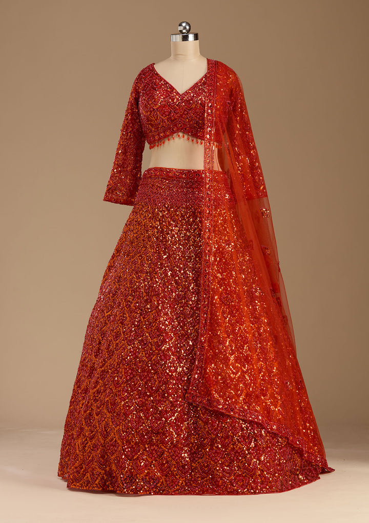 Orange Sequins Net Readymade Lehenga