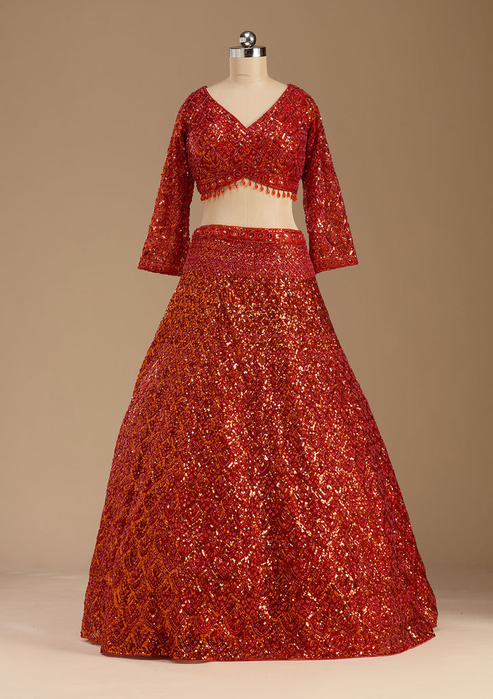 Orange Sequins Net Readymade Lehenga
