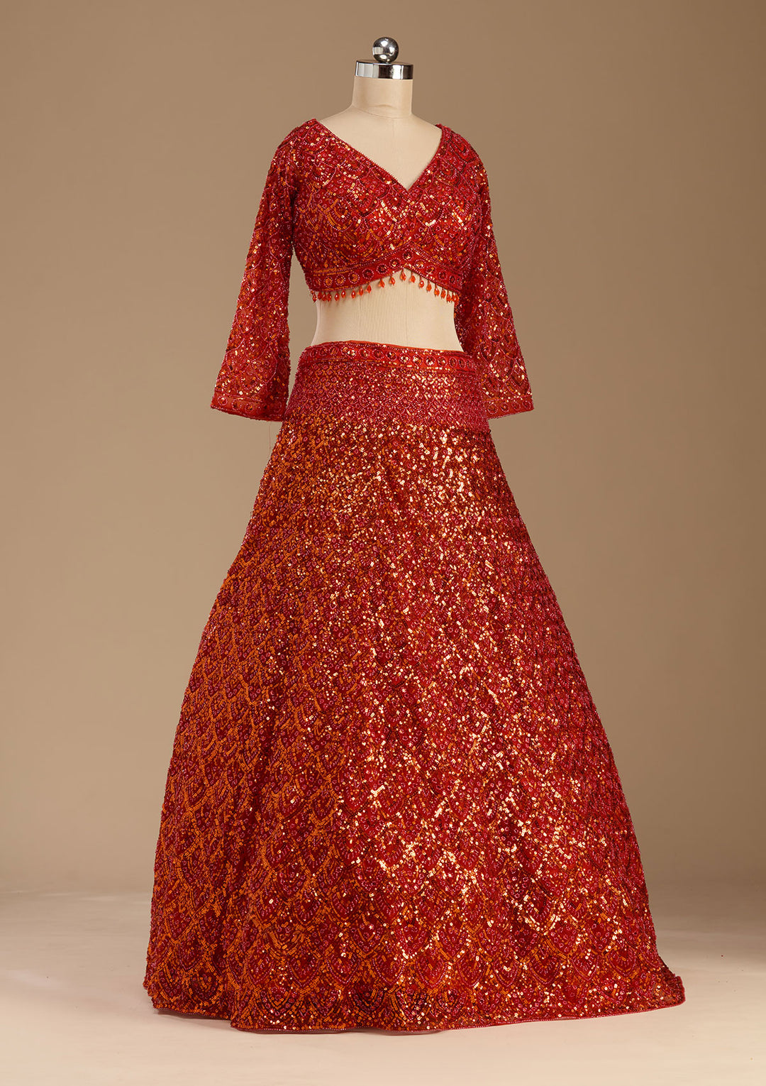 Orange Sequins Net Readymade Lehenga