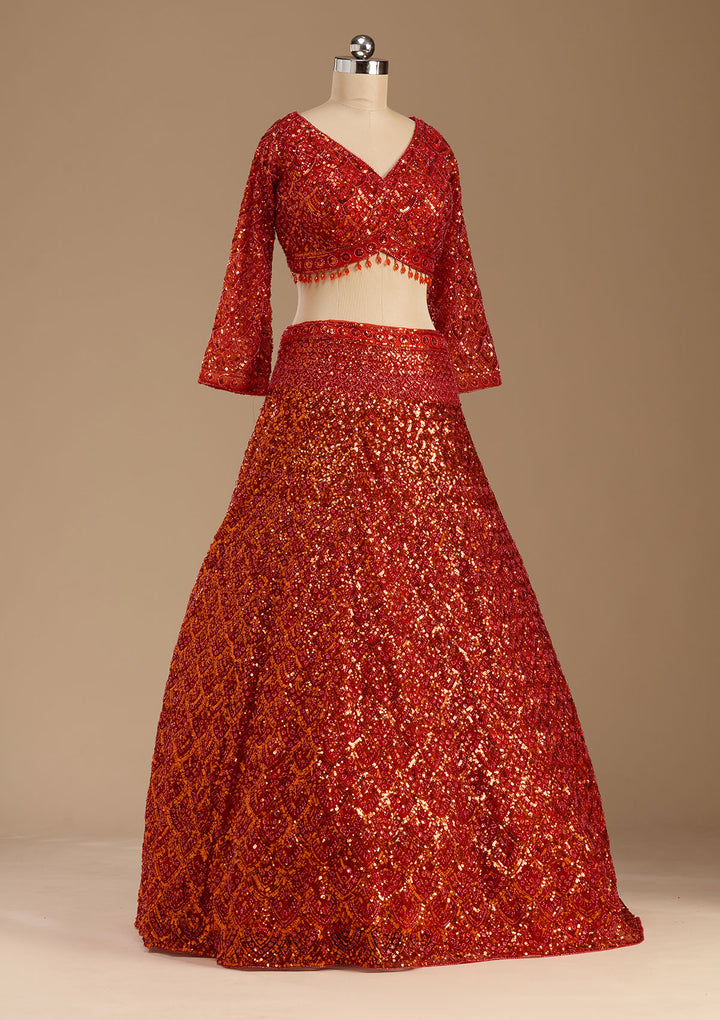 Orange Sequins Net Readymade Lehenga