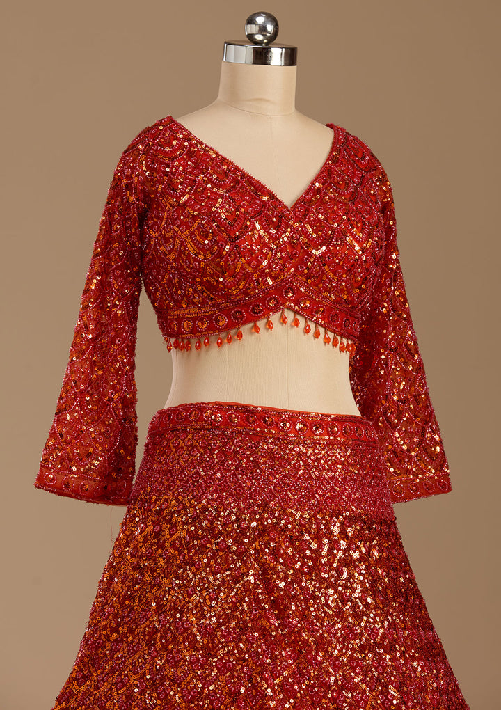 Orange Sequins Net Readymade Lehenga