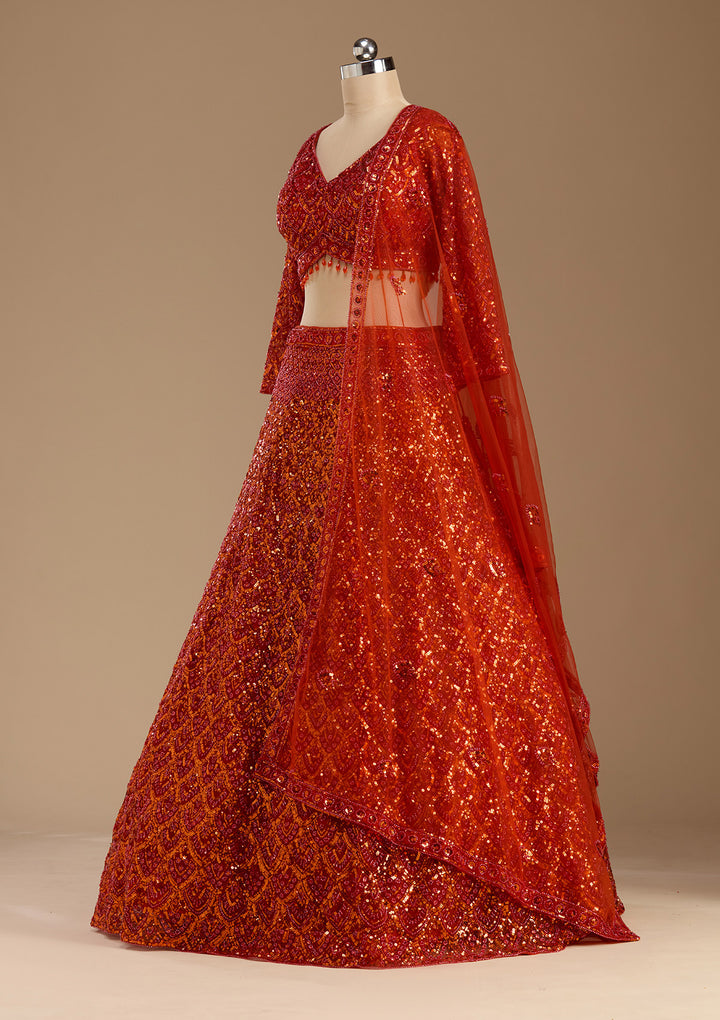 Orange Sequins Net Readymade Lehenga