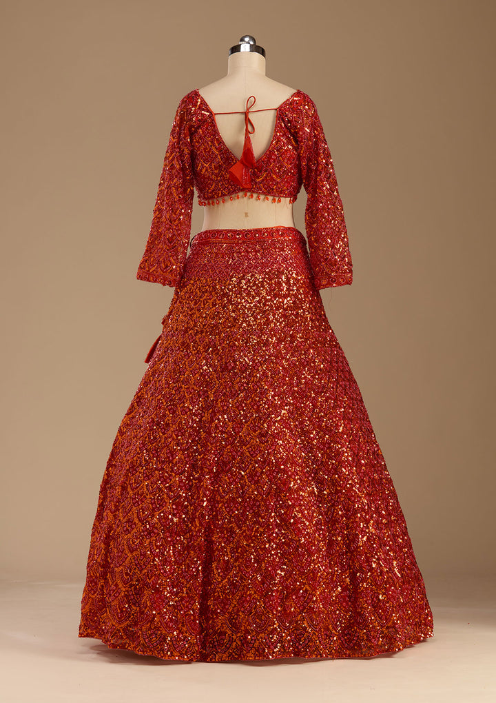Orange Sequins Net Readymade Lehenga