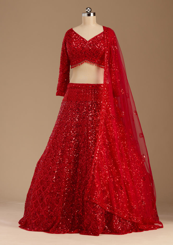 Red Sequins Net Readymade Lehenga